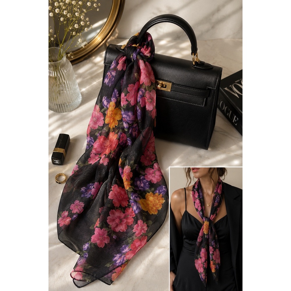 Vintage Sheer Floral Chiffon Scarf Black Pink Purple Yellow‎ 57x11